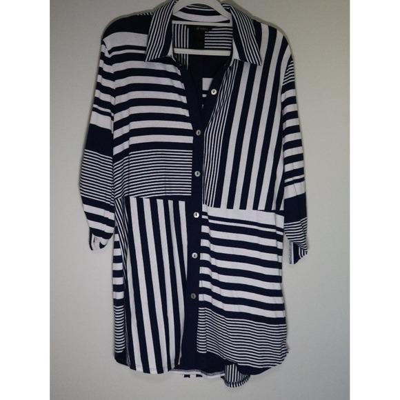 Ali Miles Tops - Coastal Nautical Ali Miles Tunic Top S Navy White Striped Colorblock Button Down